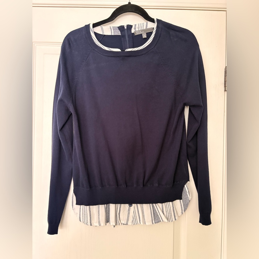Navy Long Sleeve Sweater with Faux-shirt Striped Hem